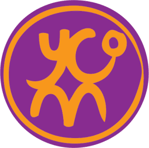 Purple circular logo with orange abstract human figure design for YCO brand identity
